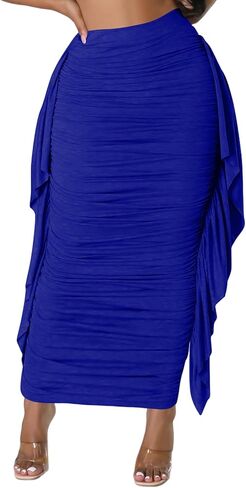 Lrady Women High Waist Ruched Bodycon Side Ruffle Tassles Fringe Pencil Casual Party Maxi Long Skirt in Saudi Arabia