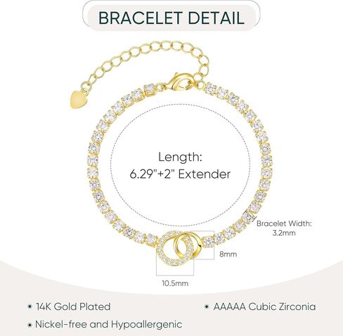 Interlocking Circles Tennis Bracelet for Women - 14K Gold Plated Cubic Zirconia Link Bracelet, Adjustable Dainty Minimalist Chain Design, Trendy Anniversary Birthday Christmas Jewelry Gift for Her in Saudi Arabia