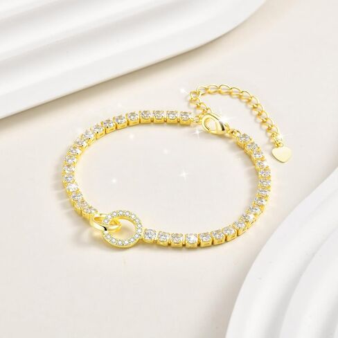 Interlocking Circles Tennis Bracelet for Women - 14K Gold Plated Cubic Zirconia Link Bracelet, Adjustable Dainty Minimalist Chain Design, Trendy Anniversary Birthday Christmas Jewelry Gift for Her in Saudi Arabia