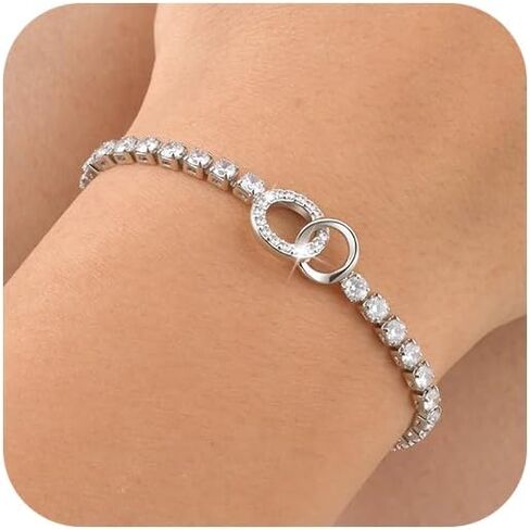 Interlocking Circles Tennis Bracelet for Women - 14K Gold Plated Cubic Zirconia Link Bracelet, Adjustable Dainty Minimalist Chain Design, Trendy Anniversary Birthday Christmas Jewelry Gift for Her in Saudi Arabia