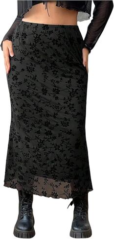 Women's Plus Size Y2k Floral Fishtail Long Skirt Vintage Mesh High Waisted Bodycon Skirts in Kuwait