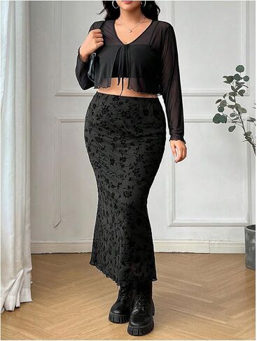 Women's Plus Size Y2k Floral Fishtail Long Skirt Vintage Mesh High Waisted Bodycon Skirts in Kuwait