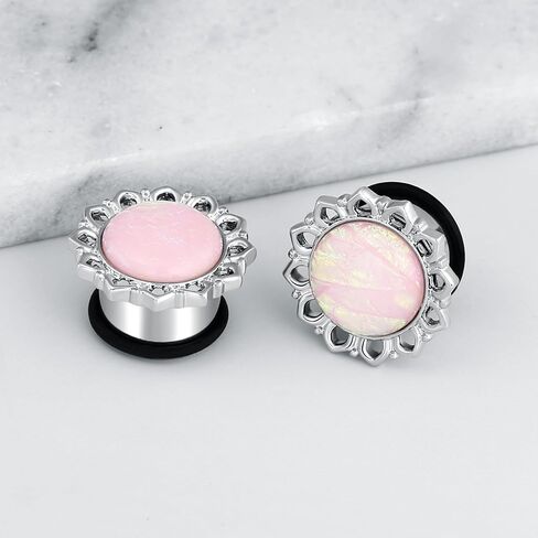 Ear Tunnels Gauges, 2PCS Stainless Steel Tunnel Set Single Flared Pink Solid Opal Flower Ear Gauges 00G Ear Piercing Jewelry in Saudi Arabia