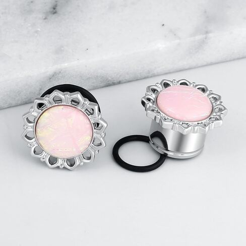Ear Tunnels Gauges, 2PCS Stainless Steel Tunnel Set Single Flared Pink Solid Opal Flower Ear Gauges 00G Ear Piercing Jewelry in Saudi Arabia
