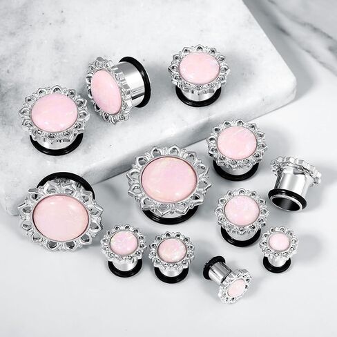 Ear Tunnels Gauges, 2PCS Stainless Steel Tunnel Set Single Flared Pink Solid Opal Flower Ear Gauges 00G Ear Piercing Jewelry in Saudi Arabia