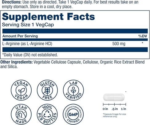 SOLARAY L-Arginine 500 mg, Nitric Oxide Supplement, Endurance, Energy, Heart Health Support, 100 Servings, 100 VegCaps in Saudi Arabia