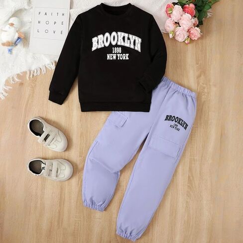 Girls Pants Set New York 2 Piece Long Sleeve Graphic Sweatshirt & Light Purple Joggers for Ages 8-12 in Saudi Arabia