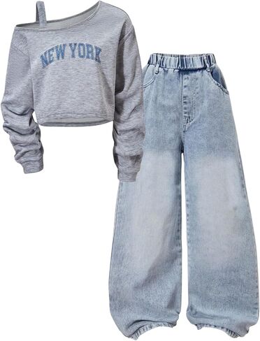 OYOANGLE Girl's 2 Piece Outfits Fall Clothes Letter Graphic Cold Shoulder Sweatshirt and Straight Leg Jeans in Saudi Arabia