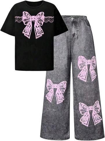 SOLY HUX Girl's Clothing Set 2 Piece Bow Graphic T Shirts Wide Leg Pants Summer Outfit Preppy Clothes in Saudi Arabia