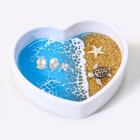 Handmade Resin Ring Dish, Heart Shaped Ocean Trinket Dish with Sea Turtle and Beach Design, Coastal Decor Jewelry Holder for Rings Earrings, Engagement Gifts for Couples & Birthday Gifts for Women in Saudi Arabia