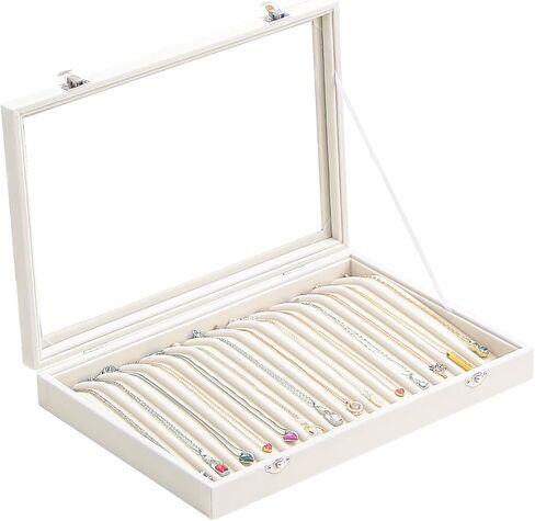 14 Hooks Necklace Storage Tray, Velvet Neckalce Organizer Box with Clear Lid, Pendant Chain Necklace Jewelry Organizer Drawer Tray for Women Girls (Beige) in Saudi Arabia
