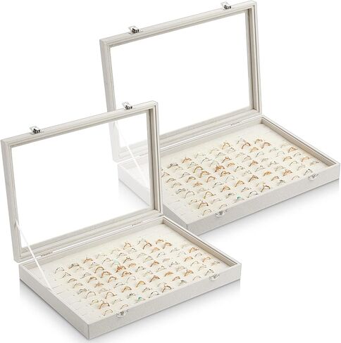 Yinkin 2 Pcs 100 Slots Ring Organizer Box with Transparent Glass Lid Necklace Display Tray Ring Case Velvet Jewelry Holder (Black) in Saudi Arabia