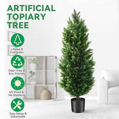 4FT Artificial Topiary Cedar Trees 2 Set, Fake Trees Outdoor Indoor UV Resistant Faux Bushes Artificial Shrubs for Garden Home Front Door Office Decor in Saudi Arabia
