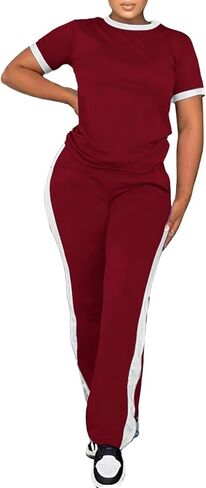 PINSV Women's 2 Piece Outfits Short Sleeve Tops Sweatpants Colorblock Bodycon Lounge Sets Tracksuit in Saudi Arabia