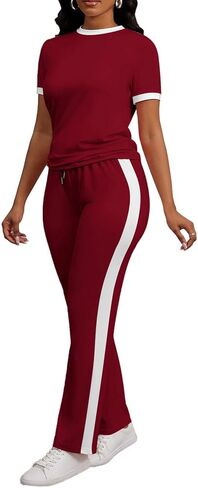 PINSV Women's 2 Piece Outfits Short Sleeve Tops Sweatpants Colorblock Bodycon Lounge Sets Tracksuit in Saudi Arabia