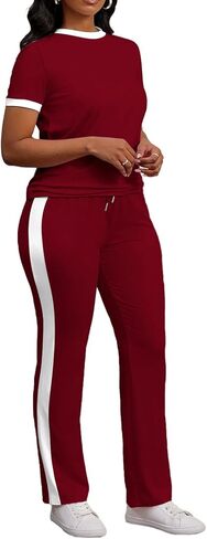 PINSV Women's 2 Piece Outfits Short Sleeve Tops Sweatpants Colorblock Bodycon Lounge Sets Tracksuit in Saudi Arabia