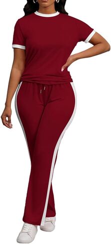 PINSV Women's 2 Piece Outfits Short Sleeve Tops Sweatpants Colorblock Bodycon Lounge Sets Tracksuit in Saudi Arabia