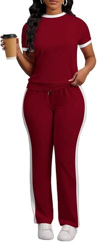 PINSV Women's 2 Piece Outfits Short Sleeve Tops Sweatpants Colorblock Bodycon Lounge Sets Tracksuit in Saudi Arabia