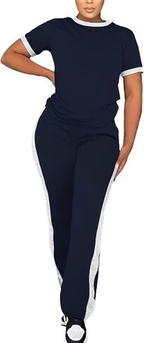 PINSV Women's 2 Piece Outfits Short Sleeve Tops Sweatpants Colorblock Bodycon Lounge Sets Tracksuit in Saudi Arabia
