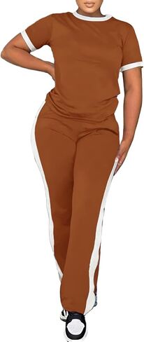 PINSV Women's 2 Piece Outfits Short Sleeve Tops Sweatpants Colorblock Bodycon Lounge Sets Tracksuit in Saudi Arabia