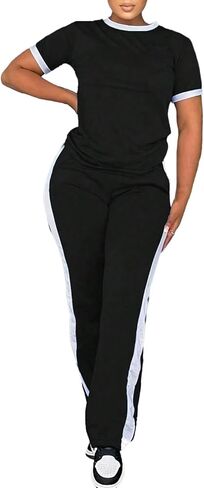 PINSV Women's 2 Piece Outfits Short Sleeve Tops Sweatpants Colorblock Bodycon Lounge Sets Tracksuit in Saudi Arabia