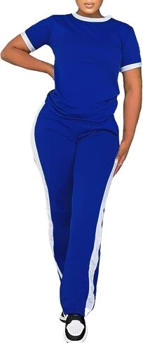 PINSV Women's 2 Piece Outfits Short Sleeve Tops Sweatpants Colorblock Bodycon Lounge Sets Tracksuit in Saudi Arabia