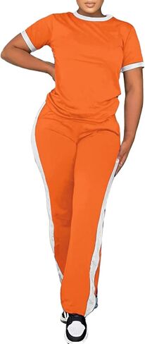 PINSV Women's 2 Piece Outfits Short Sleeve Tops Sweatpants Colorblock Bodycon Lounge Sets Tracksuit in Saudi Arabia