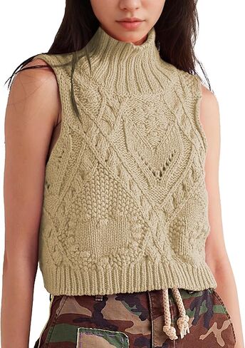 Hixiaohe Turtleneck Crochet Sweater Vest Fall Fashion Knit Sleeveless Tank Tops for Women Lightweight Casual Pullover Clothes in Kuwait