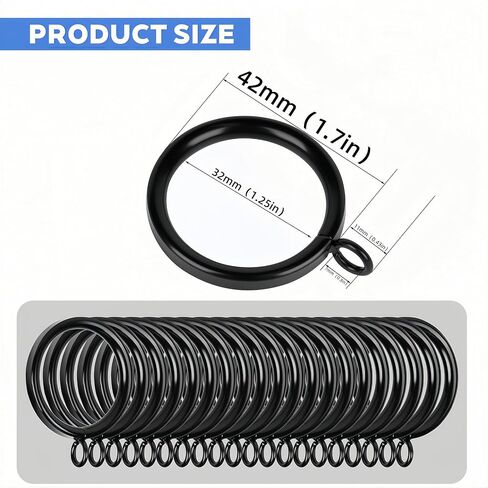 1.25 Inch Half-Round Black Curtain Eyelets, 40 Pack Heavy Duty Iron Curtain Rings - Quiet Glide, Rustproof, Fits Rods <1.25 Inches in Saudi Arabia