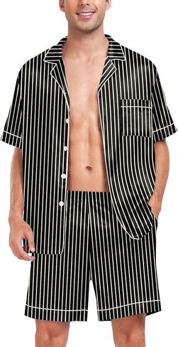 SWOMOG Men Satin Silk Pajamas Sets Short Sleeve Sleepwear Button-Down PJs Sets Two-Pieces Loungewear with Pockets in Kuwait