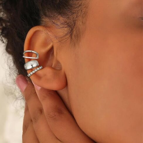 Silver Ear Cuff Earrings for Women Gifts Trendy Stuff Chunky Ear Cuffs Non Piercing Clip On Cartilage Earrings Hix Fake Earring Jewelry Christmas Gifts Stocking Stuffers in Saudi Arabia