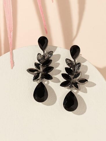 Black Crystal Earrings for Women Drop Dangle Teardrop Sparkly Cubic Zirconia Tassel Ear Clips Statement Jewelry Party Prom Wedding Friendship Gifts in Saudi Arabia