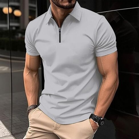 Men's Zipper Polo Shirts Summer Short Sleeve Casual Shirt Muscle Athletic Work Classic Golf Tops in Saudi Arabia