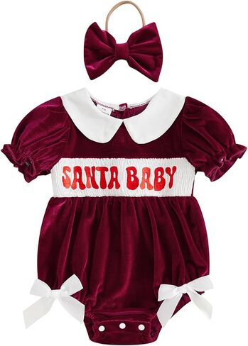 Baby Girl Christmas Outfit Lights String Embroidery Long Sleeve Doll Collar Romper Bow Headband 2 Piece Set in Saudi Arabia