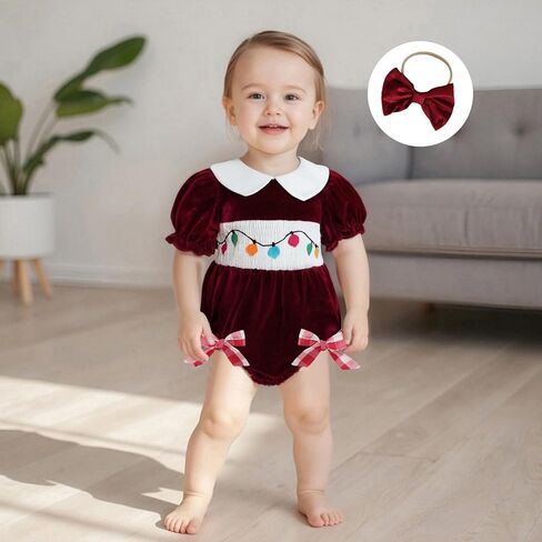 Baby Girl Christmas Outfit Lights String Embroidery Long Sleeve Doll Collar Romper Bow Headband 2 Piece Set in Saudi Arabia