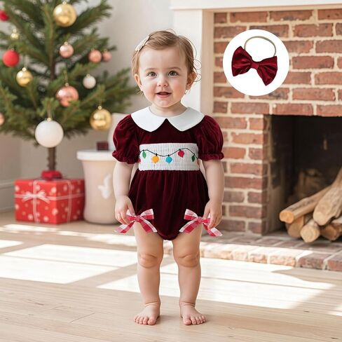 Baby Girl Christmas Outfit Lights String Embroidery Long Sleeve Doll Collar Romper Bow Headband 2 Piece Set in Saudi Arabia