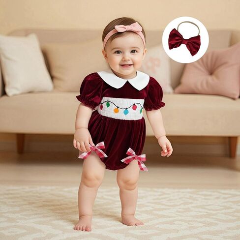 Baby Girl Christmas Outfit Lights String Embroidery Long Sleeve Doll Collar Romper Bow Headband 2 Piece Set in Saudi Arabia