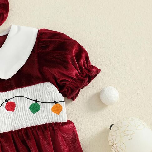 Baby Girl Christmas Outfit Lights String Embroidery Long Sleeve Doll Collar Romper Bow Headband 2 Piece Set in Saudi Arabia