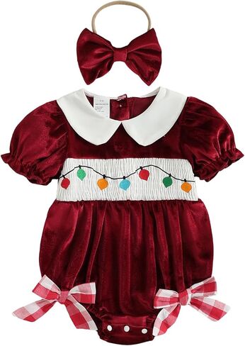 Seyurigaoka Baby Girl Christmas Outfit Red Velvet Bubble Romper Light String Bodysuit Infant Xmas Clothes in Saudi Arabia