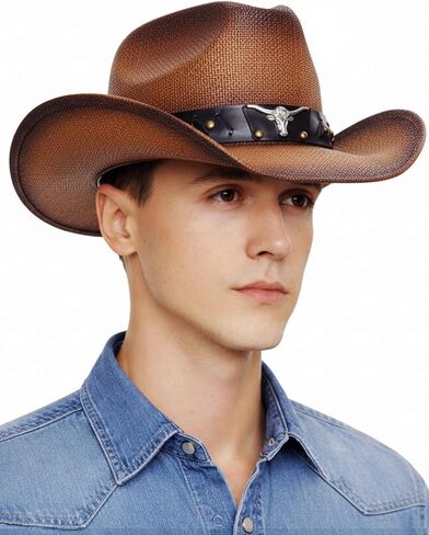 قبعة thuizen للرجال والنساء من Western Bullhead Cattleman Crown Straw Cowboy Cowgirl in Kuwait