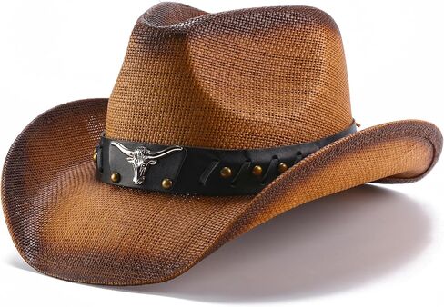 قبعة thuizen للرجال والنساء من Western Bullhead Cattleman Crown Straw Cowboy Cowgirl in Kuwait