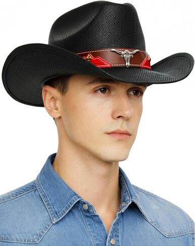 قبعة thuizen للرجال والنساء من Western Bullhead Cattleman Crown Straw Cowboy Cowgirl in Kuwait