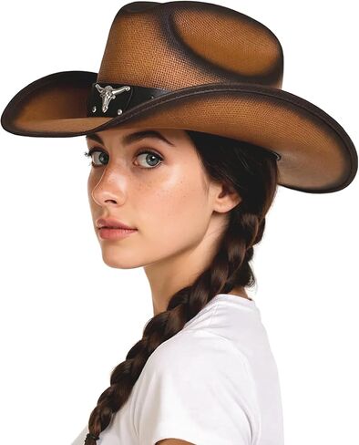 قبعة thuizen للرجال والنساء من Western Bullhead Cattleman Crown Straw Cowboy Cowgirl in Kuwait
