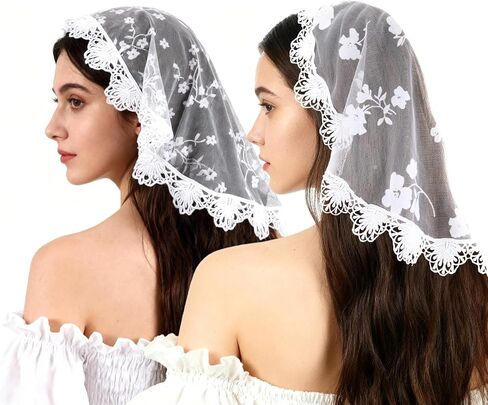 Lace Head Scarf, 2 Pcs White Lace Embroidery Head Coverings Veils for Church Catholic Round Floral Mantilla Veil Headpiece for Women Bridal Wedding Party Costume Cosplay in Saudi Arabia