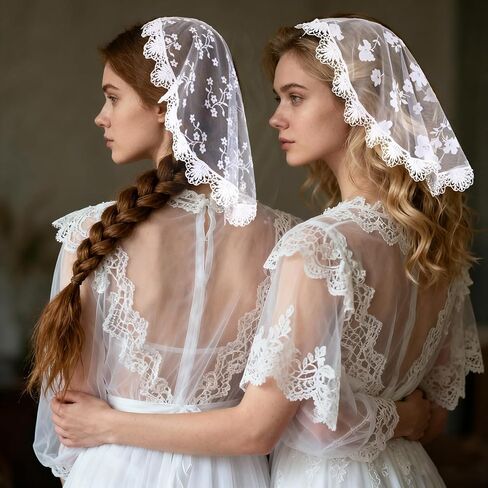 Lace Head Scarf, 2 Pcs White Lace Embroidery Head Coverings Veils for Church Catholic Round Floral Mantilla Veil Headpiece for Women Bridal Wedding Party Costume Cosplay in Saudi Arabia