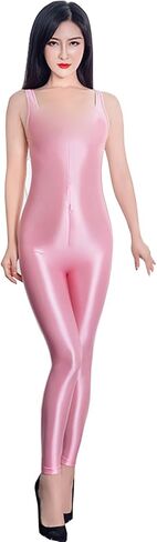 leesuo Women's Sexy Oil Shiny Glossy Full Bodystocking Sleeveless Zipper Crotch Bodysuit Catsuit in Saudi Arabia