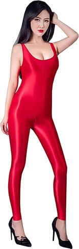 leesuo Women's Sexy Oil Shiny Glossy Full Bodystocking Sleeveless Zipper Crotch Bodysuit Catsuit in Saudi Arabia