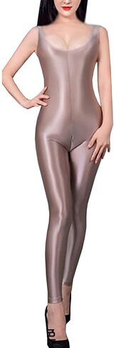 leesuo Women's Sexy Oil Shiny Glossy Full Bodystocking Sleeveless Zipper Crotch Bodysuit Catsuit in Saudi Arabia