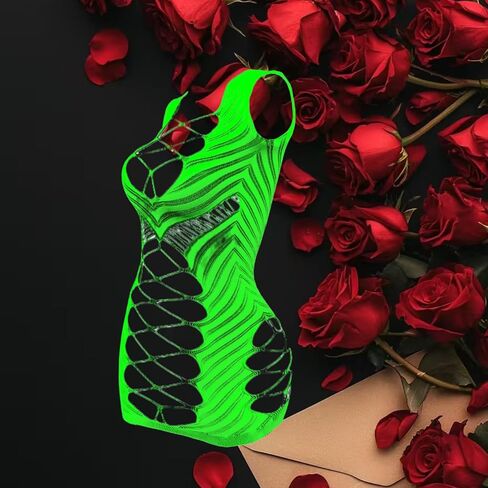 Sexy Lingerie,Glow in the Dark Green Hollow Out Sexy Dress UV Sensitive Color Changing Mesh Wear, See Through Design, Private Dating Atmosphere in Saudi Arabia