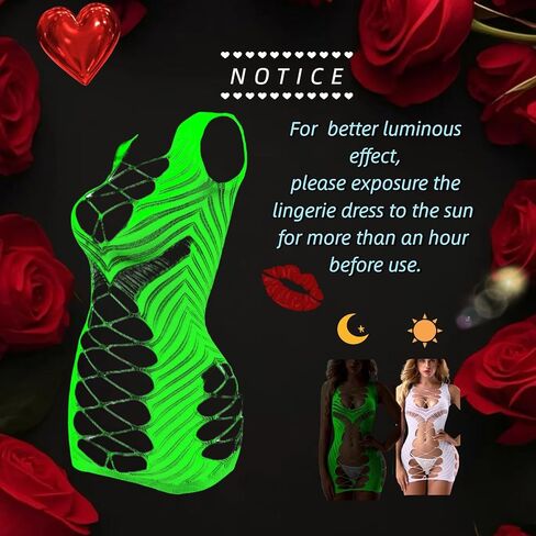 Sexy Lingerie,Glow in the Dark Green Hollow Out Sexy Dress UV Sensitive Color Changing Mesh Wear, See Through Design, Private Dating Atmosphere in Saudi Arabia